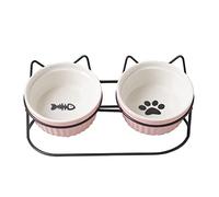 Koomuao Gamelles Surélevées pour Chat Bol Double pour Chat Déjeuner Céramique(2x400ml), Inclinable à 15° Gamelle Animaux pour Nourriture/Eau (Rose - Noir)