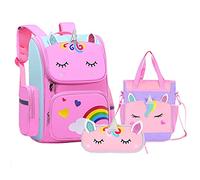 Koomuao Licorne Children's Backpack Sac à Dos Enfant avec Alerte de Sécurité, Sac de Voyage et Sac à Crayons Étanche Sac a Dos Ecole Fille Primaire 6-9 Ans (Rose - 3Pcs)