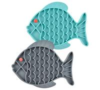 Koomuao Tapis de Leche Chien, 2Pcs Tapis Léchage Chien avec Ventouse Forme de Poisson Tapis à Lécher pour Chien à Alimentation Lente Silicone pour Bain, L'entraînement (Fish-Bleu+Gris)