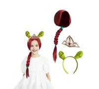 Koongso Costume de princesse Fiona pour enfants et adultes - Serre-tête oreilles d'ogre vertes, perruque tressée rouge et peigne à cheveux pour anniversaire, fête d'Halloween