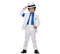 Koongso Costume Super Star Michael pour enfants, Déguisement de Pop King MJ pour garçons - Manteau à rayures blanches, pantalon, cravate, chapeau, costumes des années 80 et 90, déguisement d'Halloween