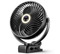 Koonie Ventilateur portable à clipser 10 000 mAh avec lanterne LED et crochet, ventilateur de bureau à piles de 20,3 cm, ventilateur de camping silencieux avec affichage numérique LED, rotation à 360°