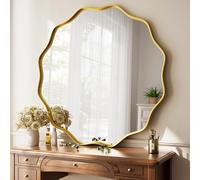Koonmi Grand Miroir Mural Rond à Bords ondulés de 105 cm avec Cadre Rond en métal texturé, à accrocher ou à Placer Contre Le Mur, Convient pour Salle de Bain, Couloir, entrée, Salon, doré