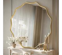 Koonmi Grand miroir rond à bord ondulé de 105 cm avec cadre en métal texturé à suspendre ou à poser au mur pour salle de bain, entrée, salon, doré