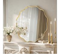 Koonmi Grand miroir rond à bord ondulé de 50 cm avec cadre en métal texturé à suspendre ou à poser au mur pour salle de bain, entrée, salon, doré