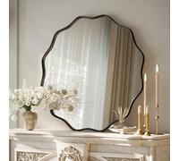 Koonmi Grand miroir rond à bord ondulé de 60 cm avec cadre en métal texturé à suspendre ou à poser au mur pour salle de bain, entrée, salon, noir