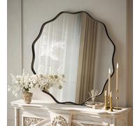 Koonmi Grand miroir rond à bord ondulé de 75 cm avec cadre en métal texturé à suspendre ou à poser au mur pour salle de bain, entrée, salon, noir