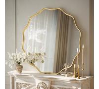 Koonmi Grand miroir rond à bord ondulé de 75 cm avec cadre en métal texturé à suspendre ou à poser au mur pour salle de bain, entrée, salon, doré