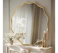 Koonmi Grand miroir rond à bord ondulé de 90 cm avec cadre en métal texturé à suspendre ou à poser au mur pour salle de bain, entrée, salon, doré