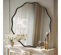 Koonmi Grand miroir rond à bord ondulé de 90 cm avec cadre en métal texturé à suspendre ou à poser au mur pour salle de bain, entrée, salon, noir