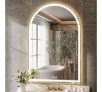 Koonmi Miroir de salle de bain LED 120 x 75 cm avec rétroéclairage, miroir cosmétique incurvé avec fonction anti-buée, intensité variable, couleur de lumière à trois niveaux, fonction mémoire, verre