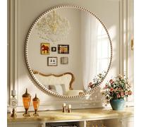 Koonmi Miroir de salle de bain rond de 90 cm - Miroir mural décoratif luxueux et rétro avec cadre en polyuréthane - À suspendre ou à s'appuyer pour entrée, chambre à coucher, salon, couloir - Argenté