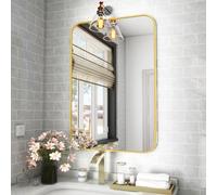 Koonmi Miroir Mural rectangulaire 51 x 71 cm - Cadre en métal - Miroir Mural d'angle Rond pour Salle de Bain, Salon - Montage Mural Horizontal ou Vertical - Doré