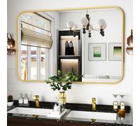 Koonmi Miroir Mural rectangulaire 75 x 122 cm - Cadre en métal - Miroir Mural d'angle Rond pour Salle de Bain, Salon - Montage Mural Horizontal ou Vertical - Doré