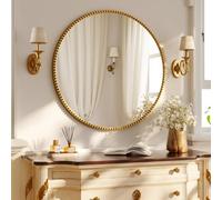 Koonmi Miroir mural rond 70 cm Petit cadre de perles en verre trempé Convient pour chambre à coucher, salle de bain, etc., Doré