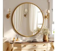 Koonmi Miroir mural rond 80 cm Petit cadre de perles en verre trempé Convient pour chambre à coucher, salle de bain, etc., Doré