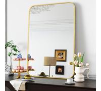 Koonmi Morden Miroir Mural doré 66 x 96 cm avec Coin Rond - Miroir Mural avec Cadre en Alliage d'aluminium - pour Montage Mural Horizontal ou Vertical - Doré