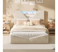 KOOPMAD Lit 140 x 200 cm avec tiroir de lit, rembourré, avec espace de rangement, lit double avec LED, coffre de rangement hydraulique, avec tête de lit, lit pour adolescent, lit à sommier tapissier