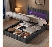 KOOPMAD Lit Bubble 160 x 200 cm avec coffre de lit, lit rembourré avec éclairage LED et USB, lit 160 x 200 cm avec espace de rangement, cadre de lit double pour adolescent avec sommier à lattes, lin