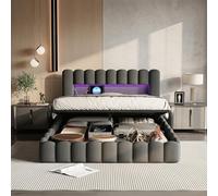 KOOPMAD Lit Bubble 180 x 200 cm avec coffre de lit, lit rembourré avec éclairage LED et USB, lit 180 x 200 cm avec espace de rangement, cadre de lit double pour adolescent avec sommier à lattes, lin