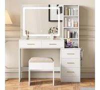 KOOPMAD Vanity Desk Blanc avec Mirror LED et 3 Color Dimmable, Grande Coiffeuse avec Rangement, Makeup Desk avec 5 Tiroirs et Support réglable, Vanity avec Tabouret rembourré (Blanc, B)