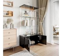 KOOPMAD Vitrine en verre sur pied + meuble bas, armoire transparente pour collection avec 2 portes, 3 couches et bande lumineuse LED, vitrine en verre debout avec espace de rangement caché, facile à