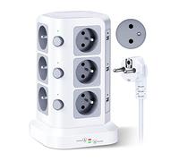KOOSLA 12 Prises 2P+T de Type-E (France) Tour Multiprise avec 6 Ports USB(4000W/16A), Multiprise Electrique parafoudre et surtension, 3 Interrupteur Individuel, 2M Câble, Blanc