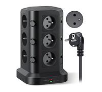 KOOSLA 12 Prises 2P+T de Type-E (France) Tour Multiprise avec 6 Ports USB(4000W/16A), Multiprise Electrique parafoudre et surtension, 3 Interrupteur Individuel, 2M Cordon, Noir