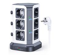 KOOSLA Bloc Multiprise 65W PD, 12 Prises, 2M, Gris Foncé | 12 Prises, 2 USB-C PD + 3 USB-A, 65W/16A, Parafoudre, Câble 2M, Bureau