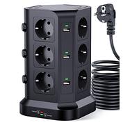 KOOSLA Tour Multiprise, 12 Prises, 6 USB, 5M, Noir | 12 Prises, 6 USB, 4000W/16A, 3 Interrupteurs, Parafoudre, Câble 5M, Bureau