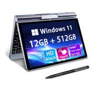 KOOTIGERS Ordinateur Portable Mini 8" 2-en-1 Tactile, Win 11, N150 (3.6 GHz), 12 Go RAM 512 Go SSD, Écran HD Rétroéclairé, Clavier Rétroéclairé, Wi-FI 6, USB-C, Ultra-Léger pour Travail/École/Maison
