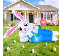 KOOY Lapin de Pâques gonflable de 1,8 m - Lapin de Pâques gonflable avec fleurs LED intégrées pour extérieur, pelouse, cour, vacances, fête, décoration artistique