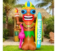 KOOY Luau Gonflables de 1,5 m, Tiki gonflable avec planche de surf flamant rose, décorations hawaïennes gonflables à DEL intégrées, gonflables d'été, décoration tropicale Aloha pour bar, plage