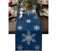 KOPGBM Chemin de Table en Lin Bleu Marine avec Flocons de Neige pour Noël, décoration de Commode, écharpe, Lavable, pour Cuisine, Salle à Manger, décoration de Noël, 200 x 33 cm, 78,7 x 13 Pouces, 01