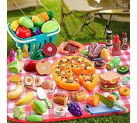 Kopi Corgi Cuisine Enfant Ensemble, 67PCS Dinette Nourriture Accessoire Ustensile avec Panier de Rangement, Fruits et Légumes Jouet à Couper, Jeu d'imitation 3-5 Ans