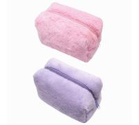 Kopida Lot de 2 trousses de maquillage en peluche pour femme, fermeture éclair, couleur unie, trousse de toilette de voyage mignonne et douce, Rose, violet.