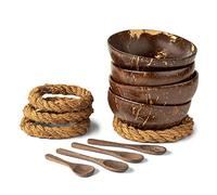 Kopinma Lot de 4 bols en noix de coco avec cuillères et baguettes - Lot de 4 bols en noix de coco + cuillères et supports vacillants pour salade