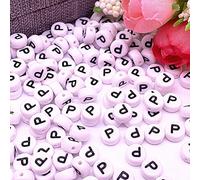Kopper-24 Lot de 30 perles en forme de lettres de l'alphabet - 4 x 7 mm - Blanc avec noir - Ronde - Avec trou pour bricoler des bijoux - Bracelet montre - Lettre P