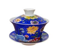 KOPYFANTAP Ensemble de Tasses à thé en Traditionnelle Chinoise Kungfu Porcelaine Chinoise,Bleu Gaiwan Tasses à Thé avec Motifs Fleurs et Corail,10oz/300ml Grande