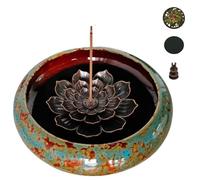 KOPYFANTAP Set de Bruleur Encens en Ceramique, Brûleur D'encens en Céramique avec Porte Encens De Lotus en Laiton et Couvercle en Métal,Bleu