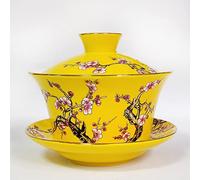 KOPYFANTAP Tasse à Thé avec Soucoupe et Couvercle en Porcelaine,Ensemble de Gaiwan Chinoise Motif en Relief pour Fleurs de Prunier 10oz/300ml, Giallo