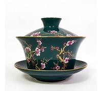 KOPYFANTAP Tasse à Thé avec Soucoupe et Couvercle en Porcelaine,Ensemble de Gaiwan Chinoise Motif en Relief pour Fleurs de Prunier 10oz/300ml,Vert