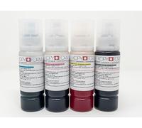 KOPYFORM Encre Alimentaire; Lot de 4 Bouteilles à 70 ML (Noir, Jaune, Magenta, Cyan) pour des imprimantes de la Marque Canon (p.ex. G1501); avec Adaptateur pour Remplissage Facile