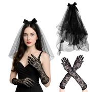 KOQAIIZ Gants Longs en Dentelle Noire, Vintage Dentelle Nuptiale Mariage Opéra Gants, avec voile de mariée, Costume Halloween Mariée, Tenue Zombie Halloween