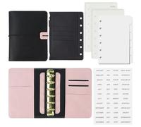 Koqye Classeur A7 en cuir à 6 anneaux avec poche zippée, intercalaires et autocollants de recharge, couverture de planificateur rechargeable noire avec poches (noir et rose)