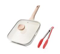 Kordisen Poêle à griller antiadhésive avec couvercle, 24 cm carrée, revêtement sain avec becs verseurs, compatible induction, sans PFOA, blanc