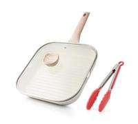 Kordisen Poêle à griller antiadhésive avec couvercle, 24 cm carrée, revêtement sain avec becs verseurs, compatible induction, sans PFOA, blanc