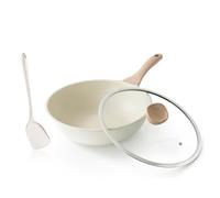Kordisen Wok 30 cm, Wok Induction avec Couvercle, Anti-adhésif Revêtement, Compatible avec tous les poêles, Sans PFOA (Crème)