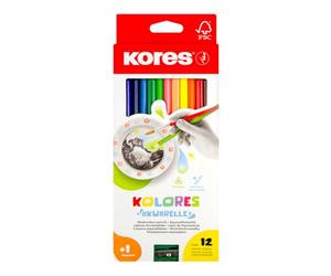 Kores - Akuarelle : 12 Crayons de Couleur avec Mine Tendre et Forme Triangulaire, Fournitures Scolaires et Artistiques, Set de 12 Couleurs Assorties avec Taille-Crayon et Pinceau Inclus