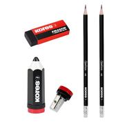 Kores Black Set, Crayons Graphite, Gomme & Taille-Crayon, Lot de 4